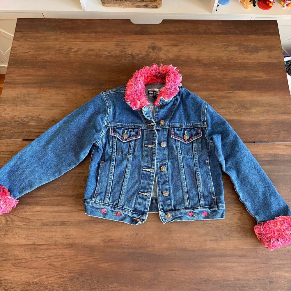 Limited Too Denim Jacket with Pink Faux Fur Collar and Cuffs Size M
